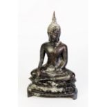 ORIENTAL ANTIQUE BLACK PATINATED CAST BRONZE BUDDHA, seated in lotus pose, on platform base, 8 3/