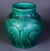 PILKINGTONS ROYAL LANCASTRIAN MOULDED POTTERY VASE, of swollen form with short neck, decorated