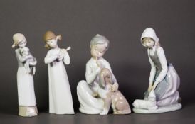 FOUR LLADRO, NAO & GERMAN PORCELAIN FIGURINES, including a Lladro figure of a child with dog, 8 1/