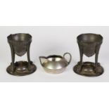 LIBERTY AND CO., 'TUDRIC' ENGLISH PLANNISHED PEWTER SQUAT CIRCULAR MILK JUG, No. 01537 and a PAIR OF