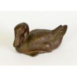 AGED CHINESE PATINATED BRONZE MODEL OF A DUCK, traces of gilding present, 4” (10.2cm) high, 8” (20.