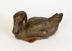 AGED CHINESE PATINATED BRONZE MODEL OF A DUCK, traces of gilding present, 4” (10.2cm) high, 8” (20.