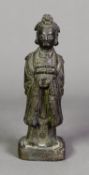 AGED CHINESE POSSIBLY MING DYNASTY CAST BRONZE FIGURE of an immortal holding a scroll, on square