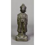 AGED CHINESE POSSIBLY MING DYNASTY CAST BRONZE FIGURE of an immortal holding a scroll, on square