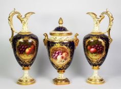 PAIR OF COALPORT FRUIT PAINTED CHINA PEDESTAL EWERS, SIGNED F HOWARD AND A NEAR MATCHING VASE AND