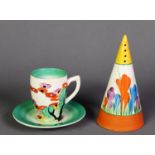 THREE PIECES OF CLARICE CLIFF ‘BIZARRE’ POTTERY, comprising a CROCUS PATTERN CONICAL SUGAR SHAKER, 5