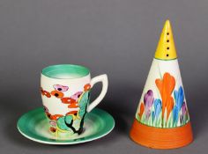 THREE PIECES OF CLARICE CLIFF ‘BIZARRE’ POTTERY, comprising a CROCUS PATTERN CONICAL SUGAR SHAKER, 5