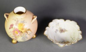 ROYAL WORCESTER BLUSH CHINA TWO HANDLED SMALL VASE, of orbicular form with short neck and ball feet,