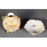 ROYAL WORCESTER BLUSH CHINA TWO HANDLED SMALL VASE, of orbicular form with short neck and ball feet,