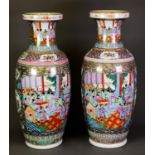 LARGE PAIR OF MODERN CHINESE FAMILLE ROSE PORCELAIN VASES, each of rouleau form, painted in