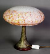 OZIER WOVEN BRASS AND MAHOGANY TABLE LAMP WITH MOTTLED AND FROSTED MULTI COLOURED GLASS SHADE, the