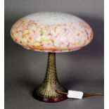 OZIER WOVEN BRASS AND MAHOGANY TABLE LAMP WITH MOTTLED AND FROSTED MULTI COLOURED GLASS SHADE, the