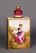 LATE NINETEENTH CENTURY HAND PAINTED VIENNA PORCELAIN TEA CADDY AND COVER, of oblong form with