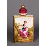 LATE NINETEENTH CENTURY HAND PAINTED VIENNA PORCELAIN TEA CADDY AND COVER, of oblong form with