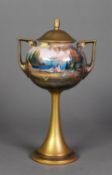 EARLY TWENTIETH CENTURY ROYAL WORCESTER HAND PAINTED TWO HANDLED VASE AND COVER BY WALTER SEDGLEY,