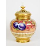 ROYAL WORCESTER FRUIT PAINTED CHINA POT POURRI VASE AND COVER BY BRIAN LEAMAN, circa 1970, of