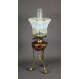 W A S BENSON COPPER AND BRASS OIL TABLE LAMP WITH VASELINE GLASS SHADE BY JAMES POWELL & SONS, the