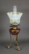 W A S BENSON COPPER AND BRASS OIL TABLE LAMP WITH VASELINE GLASS SHADE BY JAMES POWELL & SONS, the