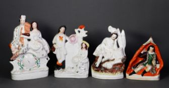 FOUR NINETEENTH CENTURY STAFFORDSHIRE FLAT BACK POTTERY FIGURES OR GROUPS, comprising: HIGHLAND