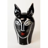 ULRICA HYDMAN-VALLIEN FOR KOSTA BODA, 1980’s LIMITED EDITION BLACK GLASS CAT’S HEAD SCULPTURE,