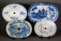 FOUR EIGHTEENTH CENTURY AND LATER BLUE AND WHITE POTTERY DRAINERS, each of typical form, three
