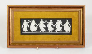WEDGWOOD BLACK BASALT POTTERY ‘DANCING HOURS 2’ PLAQUE, sprigged in white with six female figures, 2