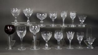 SET OF FIVE PROBABLY PRE-WAR FINELY CUT GLASS STEM WINES, with ogee shape bowls, ANOTHER SET OF FIVE