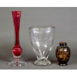 VAL ST LAMBERT RUBY STAINED AND CLEAR GLASS SPECIMEN VASE, of square form with tall, waisted neck