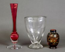 VAL ST LAMBERT RUBY STAINED AND CLEAR GLASS SPECIMEN VASE, of square form with tall, waisted neck