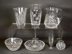 SEVEN PIECES OF MODERN CUT GLASS, comprising: FLARED VASE BY STUART, 6 ½” (16.5cm) high, JUG, ‘