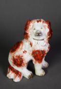 VICTORIAN STAFFORDSHIRE POTTERY MANTEL DOG, modelled with front legs away from the body and with
