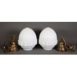 PAIR OF ART DECO MOULDED WHITE GLASS CEILING LIGHTS, each of part fluted and lobated form, with gilt