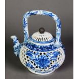 TWENTIETH CENTURY ORIENTAL RETICULATED BLUE AND WHITE PORCELAIN TEA KETTLE AND COVER, of footed form