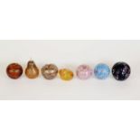 MIDSUMMER PEAR SHAPED SPECKLED GLASS PAPERWEIGHT, labelled, AND SIX OTHERS, including, THREE