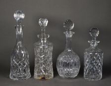 FOUR TWENTIETH CENTURY CUT GLASS DECANTERS AND STOPPERS of cylindrical, ball and shaft, campana