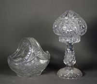 CIRCA 1920's CUT GLASS TABLE LAMP AND CONICAL FORM SHADE, the base with domed circular foot, 14 1/2"