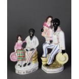 TWO NINETEENTH CENTURY STAFFORDSHIRE POTTERY GROUPS OF EVA AND UNCLE TOM, one with gilt titled base,