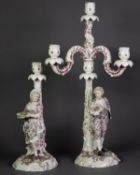 PAIR OF CIRCA 1900 GERMAN RUDOLSTADT VOLKSTEDT PORCELAIN FIGURAL CANDLESTICKS one with removable