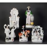 FIVE NINETEENTH CENTURY STAFFORDSHIRE FLAT BACK POTTERY FIGURES OR GROUPS, comprising: RELIGIOUS