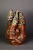 LARGE MODERN COIL PATTERN STONEWARE SCULPTURE/VASE IN THE FORM OF FIVE ENTWINED WORM CASTS, finished
