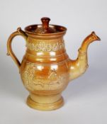 NINETEENTH CENTURY BRAMPTON LIGHT BROWN SALT GLAZED STONEWARE COFFEE POT AND COVER, decorated in