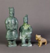 TWO CHINESE CARVED GREEN SOAPSTONE MODELS OF TERRACOTTA WARRIORS, one standing, one kneeling, 6 1/2"