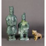 TWO CHINESE CARVED GREEN SOAPSTONE MODELS OF TERRACOTTA WARRIORS, one standing, one kneeling, 6 1/2"