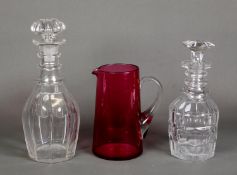 MID NINETEENTH CENTURY MALLET SHAPED GLASS DECANTER WITH TRIPLE RINGED NECK AND MUSHROOM STOPPER, 10