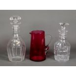 MID NINETEENTH CENTURY MALLET SHAPED GLASS DECANTER WITH TRIPLE RINGED NECK AND MUSHROOM STOPPER, 10