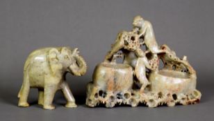 TWO PIECES OF CHINESE CARVED HARDSTONE, comprising: a RECEIVER GROUP, modelled with monkeys, 6” (