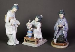 THREE MODERN LLADRO & NAO PORCELAIN JAPANESE TEA CEREMONY AND OTHER FIGURES, 10 1/4in (26cm) high (