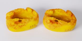 PAIR OF CHINESE REPUBLIC PERIOD YELLOW SOAPSTONE BRUSH WASHERS, the border of each carved with three
