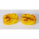 PAIR OF CHINESE REPUBLIC PERIOD YELLOW SOAPSTONE BRUSH WASHERS, the border of each carved with three