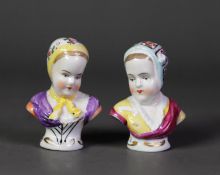 PAIR OF CAPO DIMONTE CHINA BUSTS OF YOUNG WOMEN, each painted in colours and gilt, and raised on a